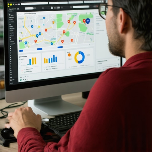 Analyzing Local SEO Data for GBP Optimization Business owner reviewing local SEO metrics and Google Maps analytics on a computer screen.