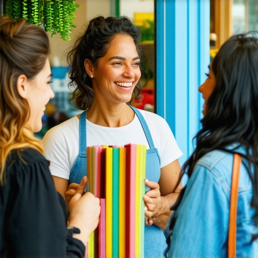 Engaged Local Business Owner A friendly business owner interacting with customers in a lively shop