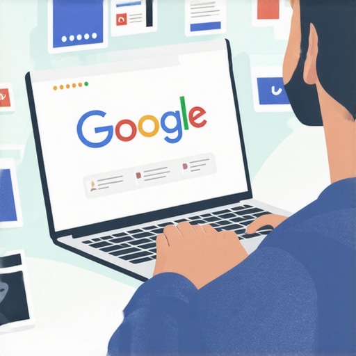 Person updating Google Business Profile on laptop with icons of reviews, photos, and keywords.
