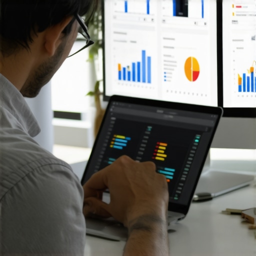 Business owner managing local SEO with analytics and review tools on laptop.