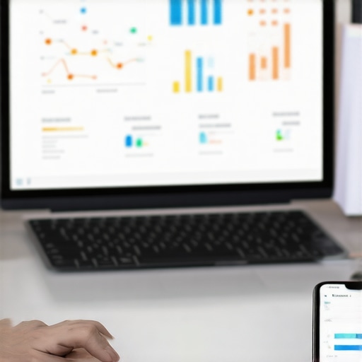 A workspace with SEO analytics software on screens, emphasizing tools for Google Business Profile management