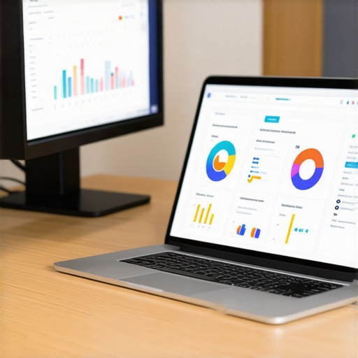 Laptop with analytics dashboards showing local search rankings and review monitoring