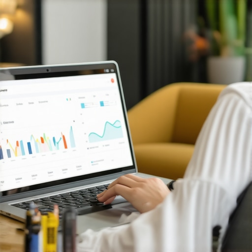 Optimizing Google Profile on Laptop Business owner editing Google Business Profile on laptop with analytics charts