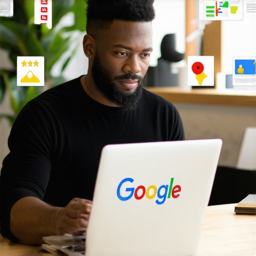 A person updating business details on Google Business Profile through a laptop, with icons representing reviews, photos, and location maps.