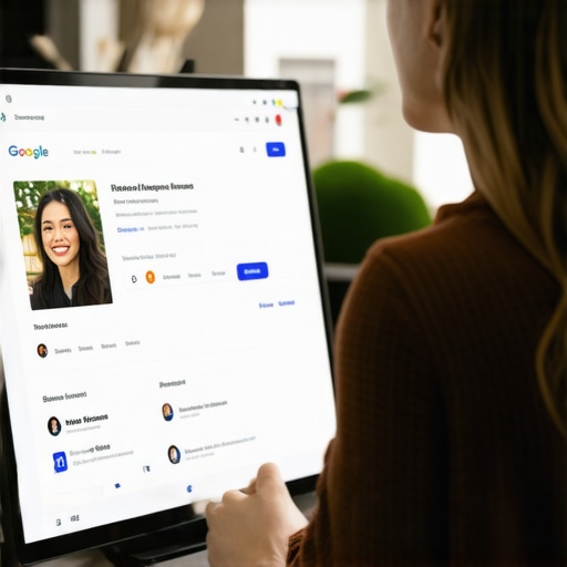 Business owner optimizing Google Business Profile on laptop with profile icons.