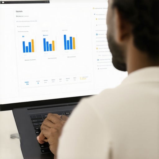 Business owner optimizing Google profile on laptop with analytics display.