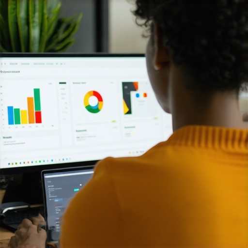 Business owner working on Google Business Profile enhancement with charts and images on a laptop