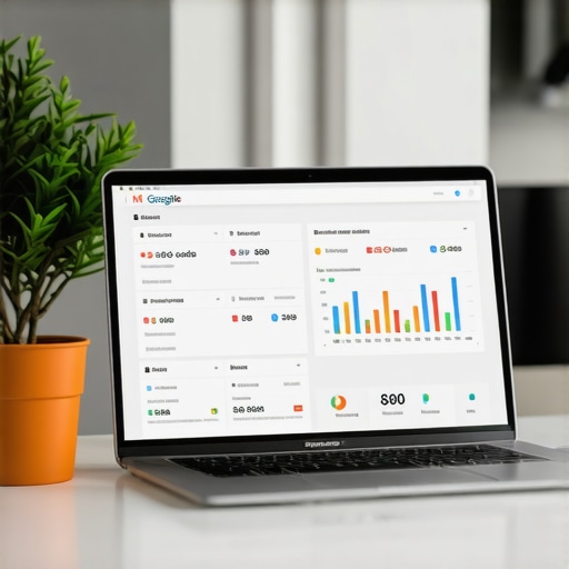 A workspace showing digital tools for GBP optimization, analytics charts, and schema markup code.