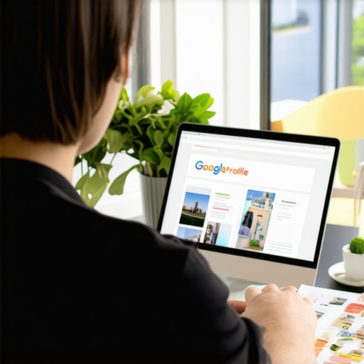 A small business owner updating their Google Profile on a laptop with marketing materials around.