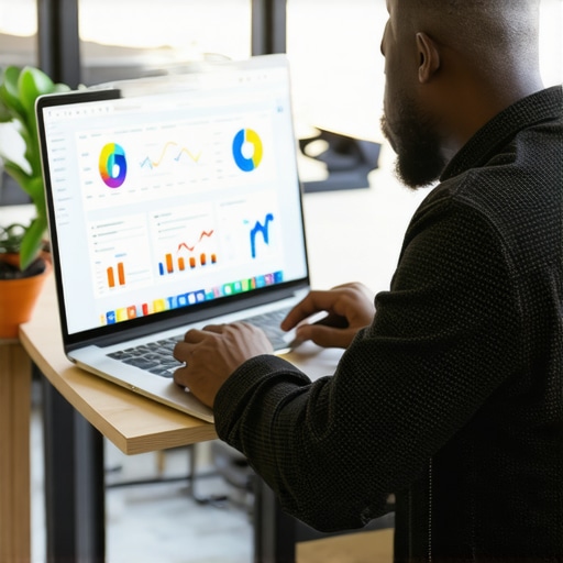 Business owner reviewing detailed local SEO analytics on a laptop, focusing on profile optimization