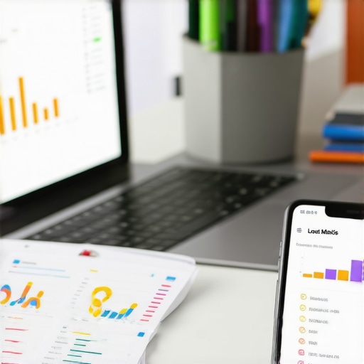 Essential Tools for GBP Maintenance Desk setup with computers and charts showing local business analytics.