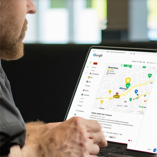 Business owner optimizing Google Maps profile on laptop
