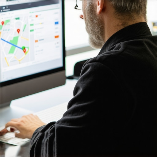 Business owner working on Google Business Profile optimization with local maps analytics.