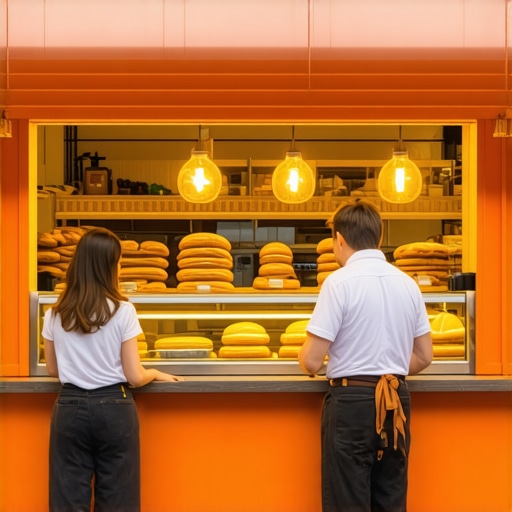 Interior view of a lively bakery with customers and fresh baked goods on display.