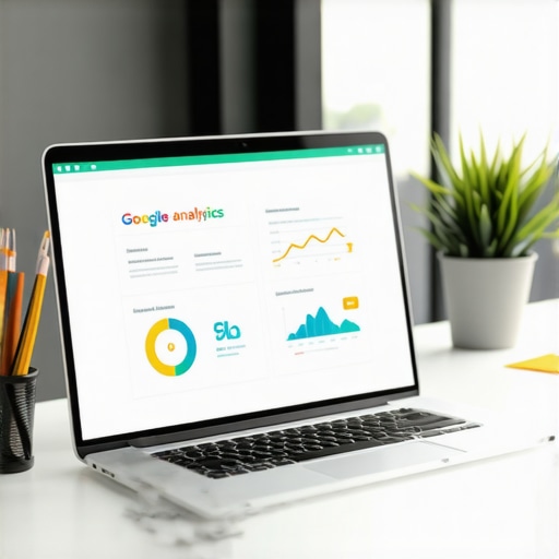 Laptop screen showing SEO analytics and Google My Business dashboard.