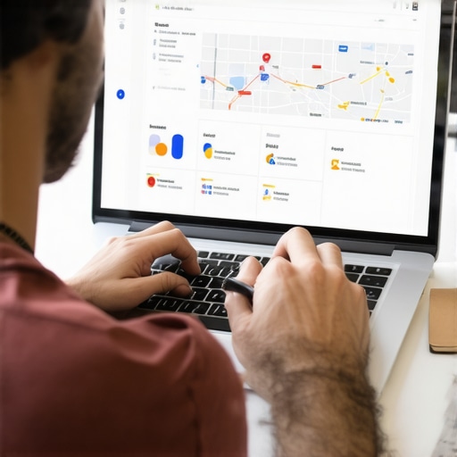 Person updating Google Business Profile on a laptop with local map visuals.