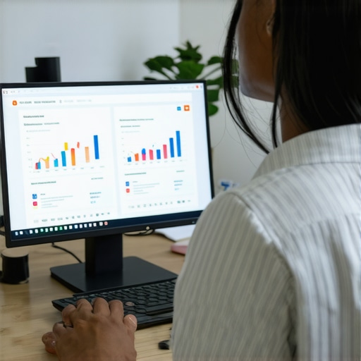 Person editing Google Business Profile on laptop with analytics charts.