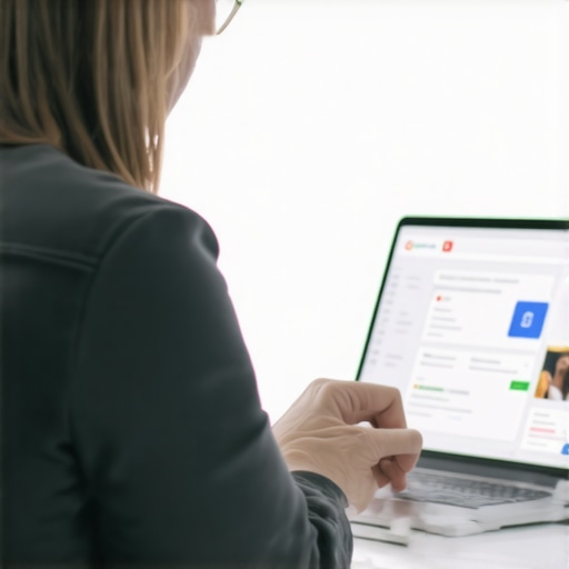 Optimizing Google Profile on Laptop Business owner updating Google Profile on a laptop, showcasing dashboard and settings.