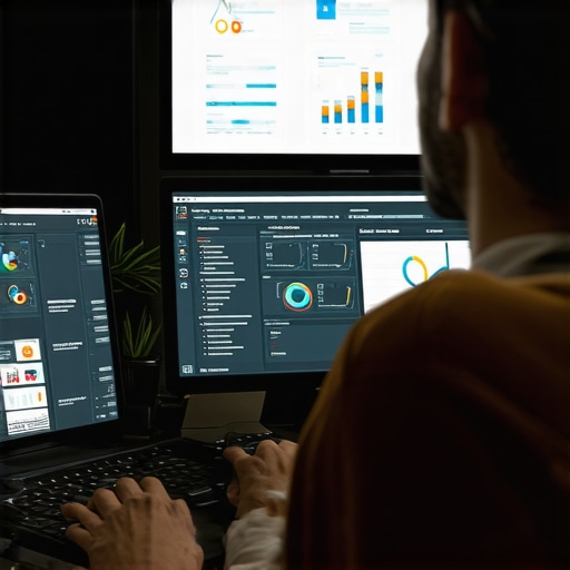 A person reviewing GBP metrics and local SEO data on multiple monitors.