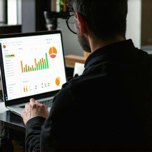 Person analyzing Google Business Profile metrics on a laptop with charts and tools
