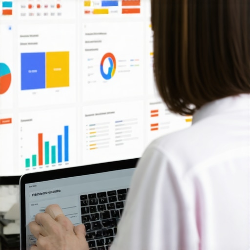 A person working with SEO software and analytics dashboards to maintain Google Business Profiles.