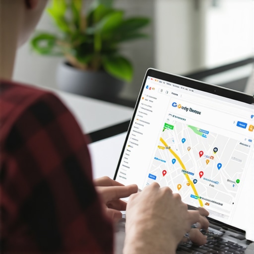 Optimizing Google Maps Profile Business owner optimizing Google Maps profile on a laptop