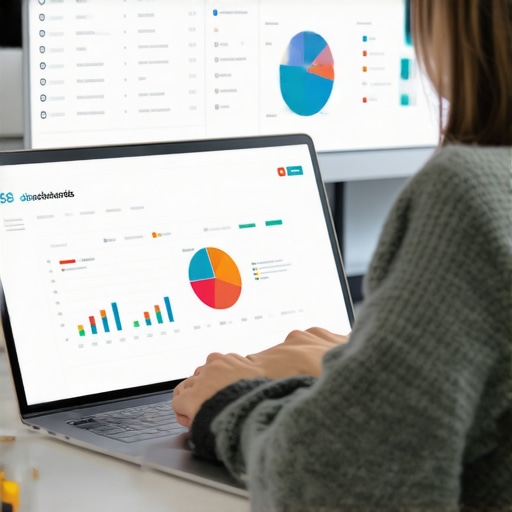 Individual reviewing local SEO analytics on a laptop screen in an office setting.