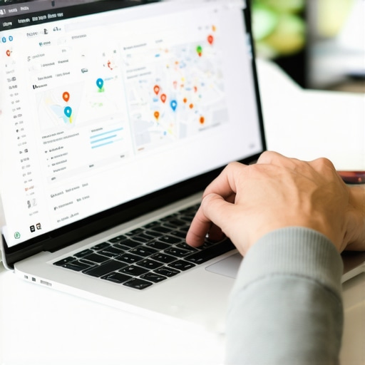 Person working on Google Business Profile with tools and maps
