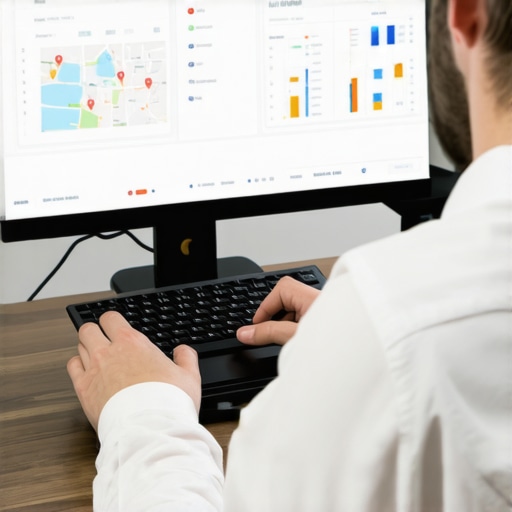 Business owner reviewing local SEO metrics on a laptop with charts