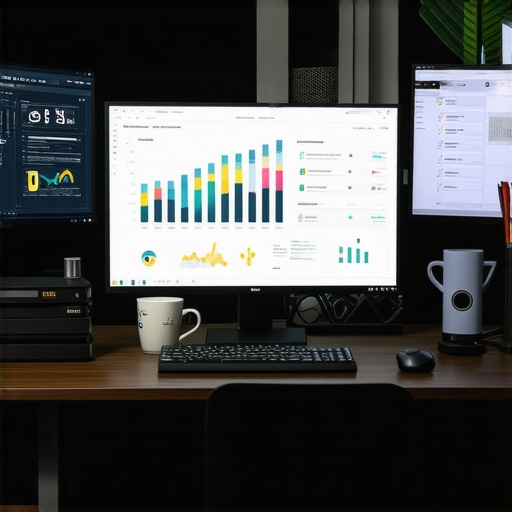 A modern office with monitors showing GBP analytics and SEO tools