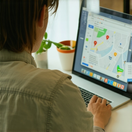 Person updating Google Business Profile on laptop with local map on screen.